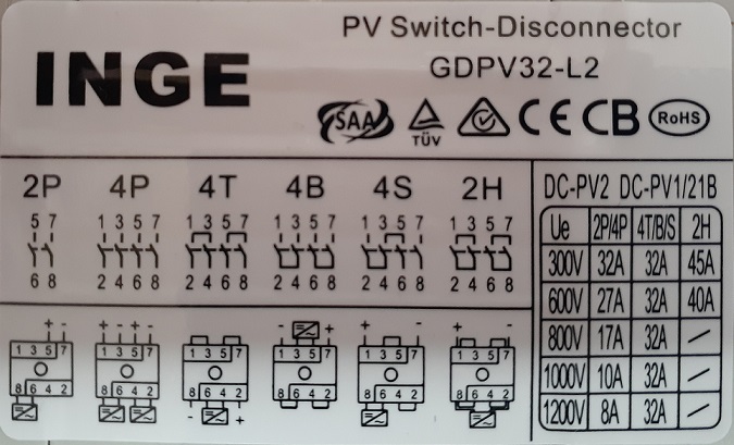 Inge: DC 2P/4P Isolator Rotary Switch 1200VDC 32A 8KV (DB Mount) (GDPV32-L2) - Image 4