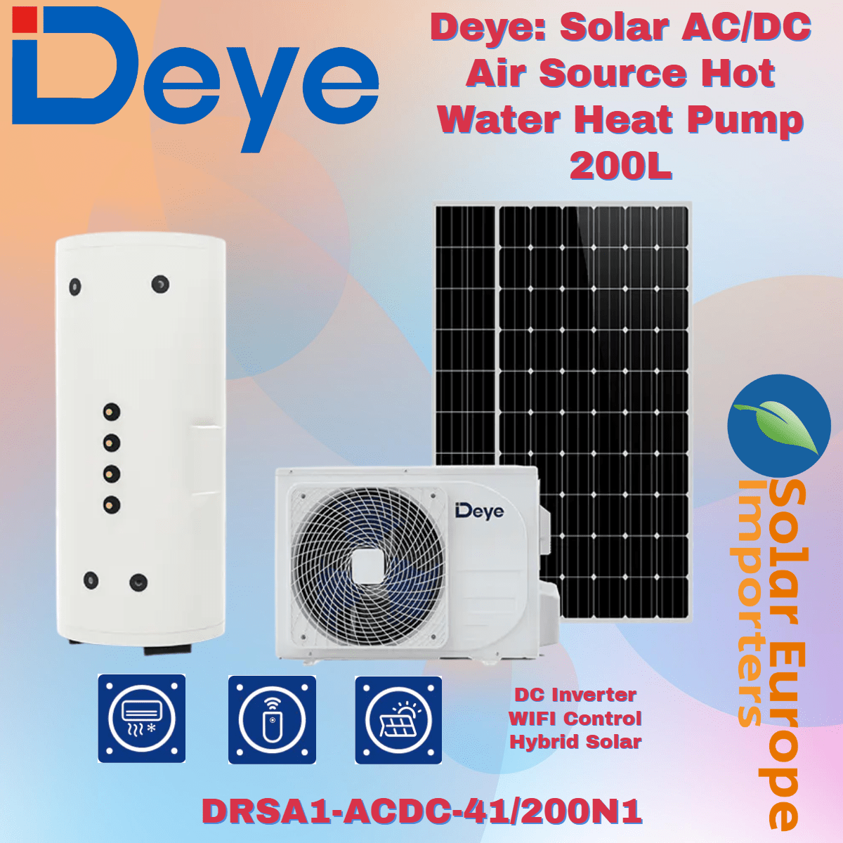 Deye: Solar AC/DC Air Source Hot Water Heat Pump 200L (DRSA1-ACDC-41/200N1)