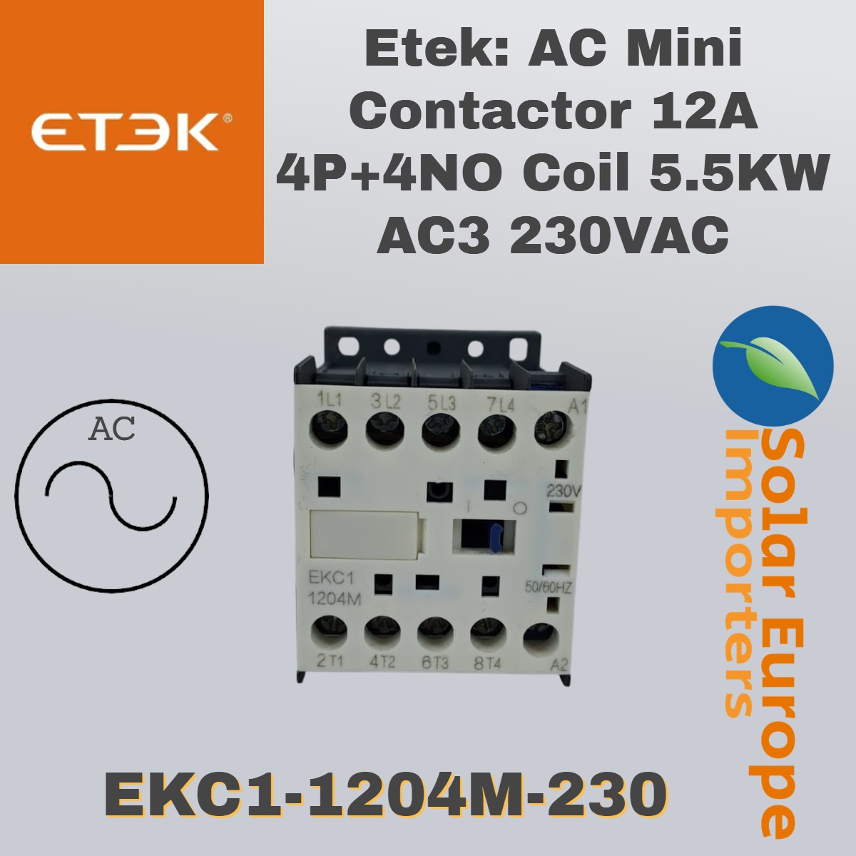 Etek: AC Mini Contactor 12A 4P+4NO Coil 5.5KW AC3 230VAC (EKC1-1204M-230)