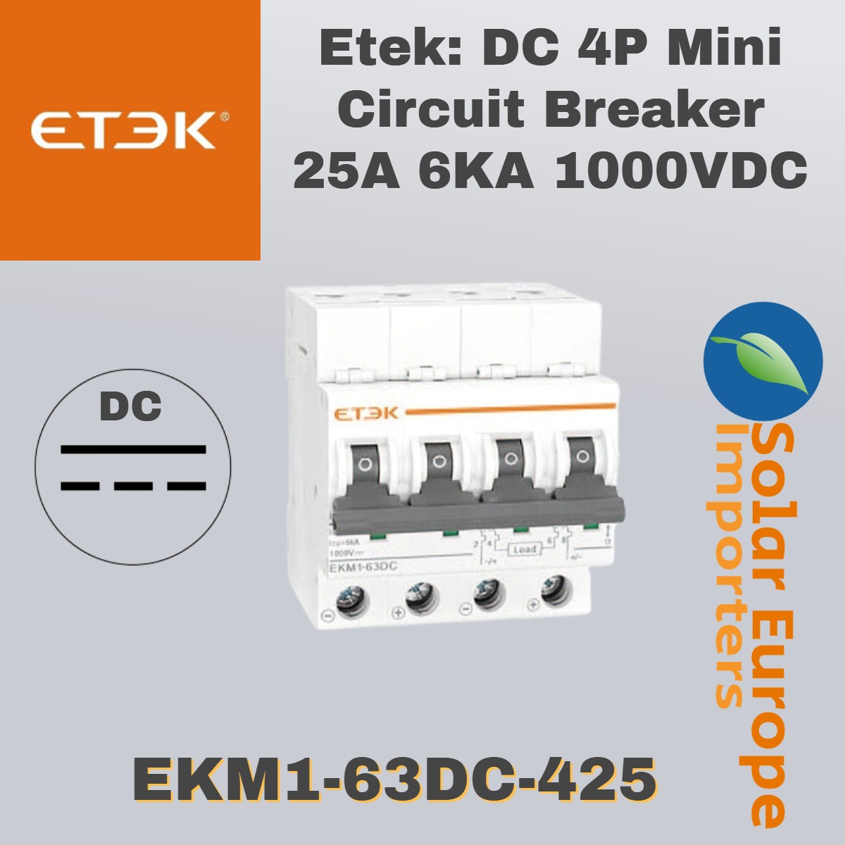Etek: DC 4P Mini Circuit Breaker 25A 6KA 1000VDC (EKM1-63DC-425)