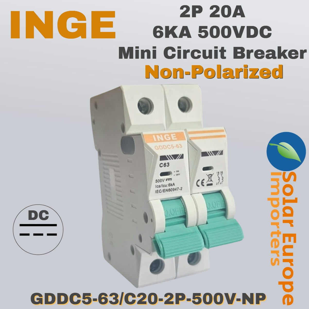 Inge: DC 2P Mini Circuit Breaker 20A 6KA 500VDC (Non-Polarized) (GDDC5-63/C20-2P-500V-NP)