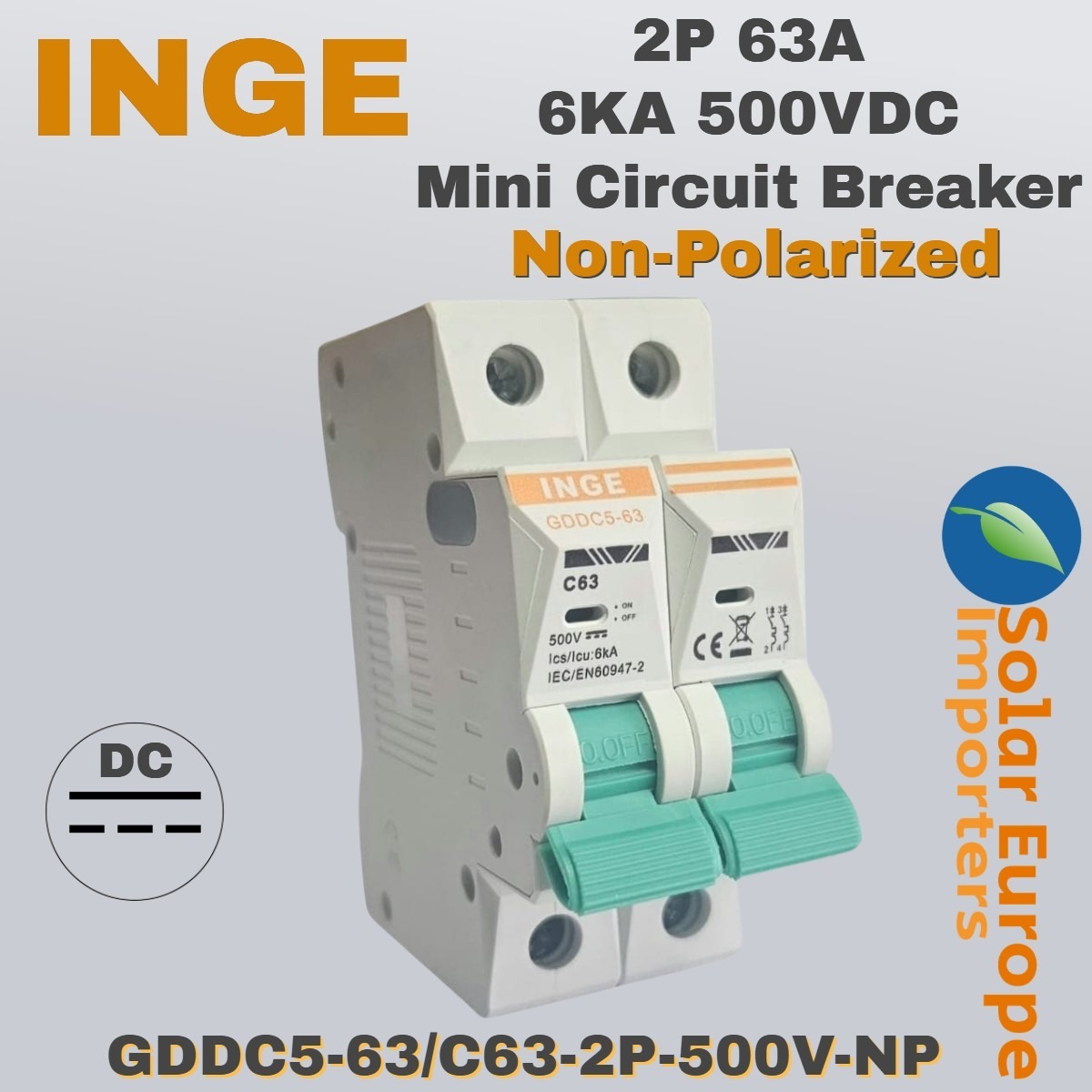 Inge: DC 2P Mini Circuit Breaker 63A 6KA 500VDC (Non-Polarized) (GDDC5-63/C63-2P-500V-NP)