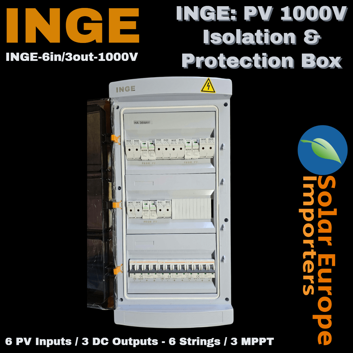 INGE: PV 1000V Isolation & Protection Box: 6 PV Inputs / 3 DC Outputs - 6 Strings / 3 MPPT (36 Way Box) (INGE-6in/3out-1000V)