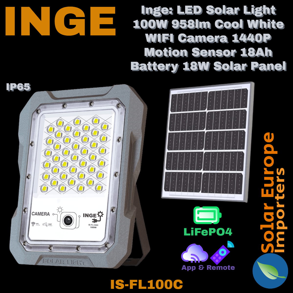Inge: LED Solar Light 100W 958lm Cool White WIFI Camera 1440P Motion Sensor 18Ah Battery 18W Solar Panel (IS-FL100C)