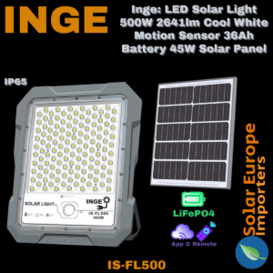 Inge: LED Solar Light 500W 2641lm Cool White Motion Sensor 36Ah Battery 45W Solar Panel (IS-FL500)