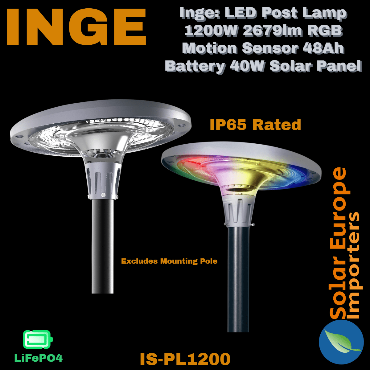 Inge: LED Post Lamp 1200W 2679lm RGB Motion Sensor 48Ah Battery 40W Solar Panel (Excl. Mounting Pole) (IS-PL1200)