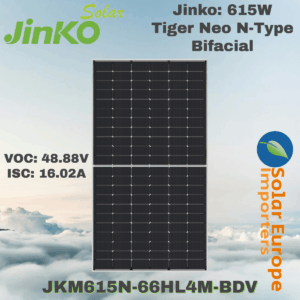 Jinko: 615W Tiger Neo N-Type Bifacial - VOC: 48.88V / ISC: 16.02A (JKM615N-66HL4M-BDV)