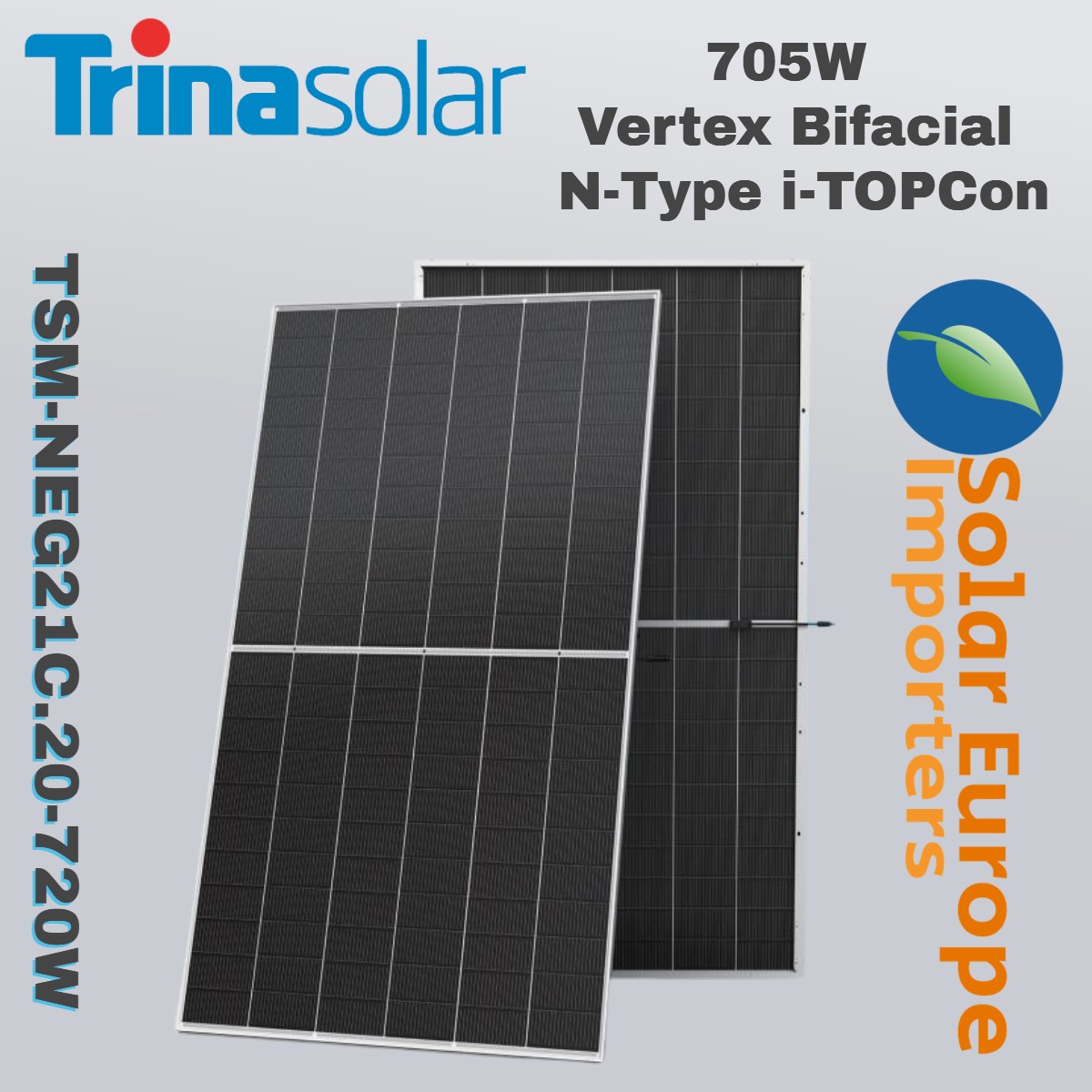 Trina: 705W Vertex Bifacial N-Type i-TOPCon - VOC: 48.80V / ISC: 18.36A (TSM-NEG21C.20-705W)