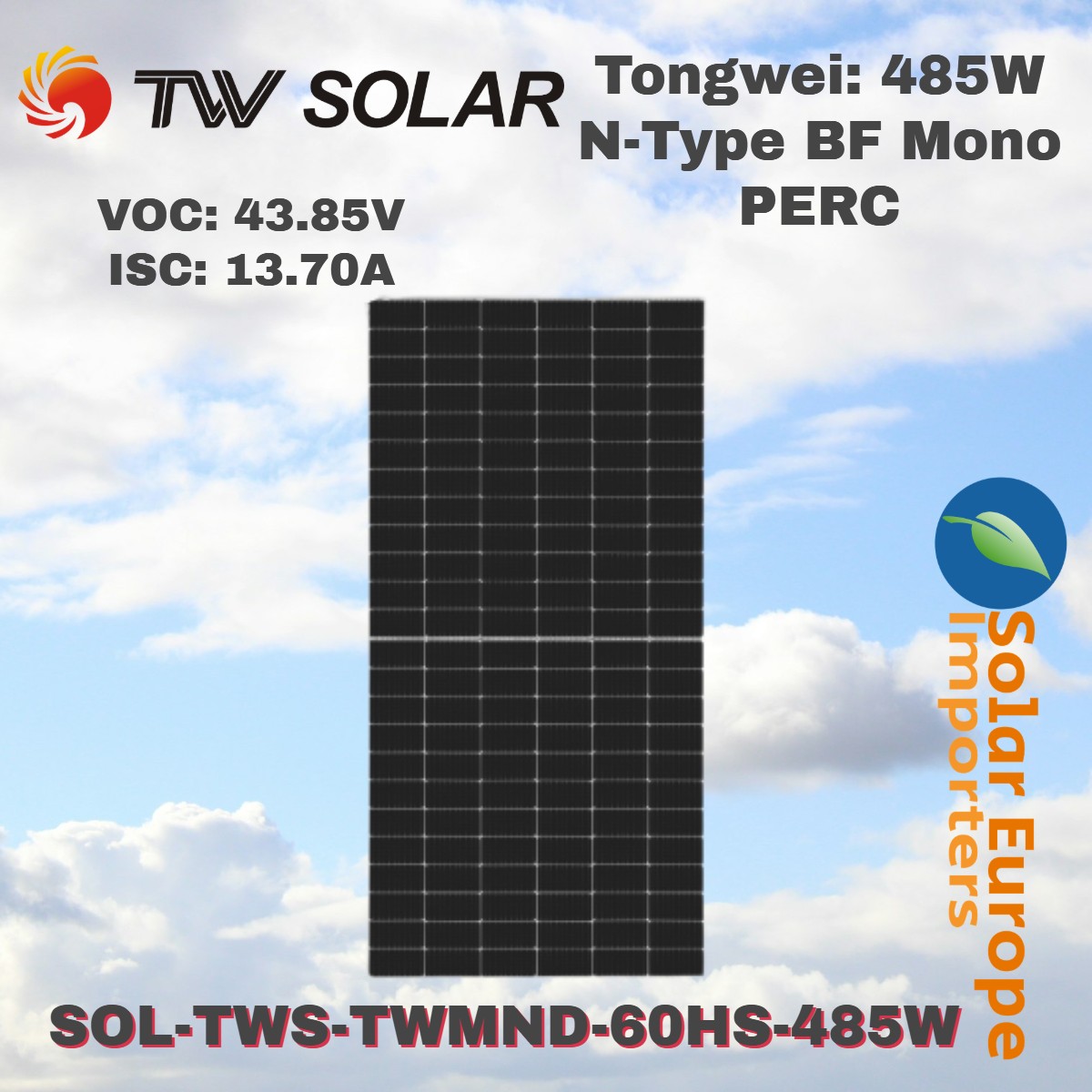 Tongwei: 485W N-Type Mono Crystalline (Black Frame) - VOC: 43.85V / ISC: 13.70A (TWMND-60HS485W)