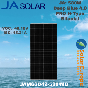 JA: 580W Deep Blue 4.0 PRO N-Type Bifacial - VOC: 48.18V / ISC: 15.21A (JAM66D42-580/MB)