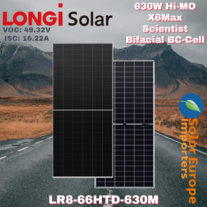 Longi: 630W Hi-MO X6Max Scientist Bifacial BC-Cell - VOC: 49.32 / ISC: 16.22 (LR8-66HTD-630M)